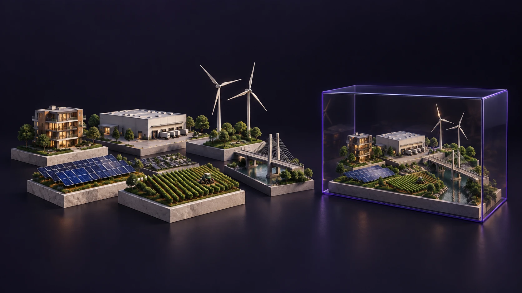 Miniature real estate, renewable energy, infrastructure and agricultural assets assembled within a transparent product structure