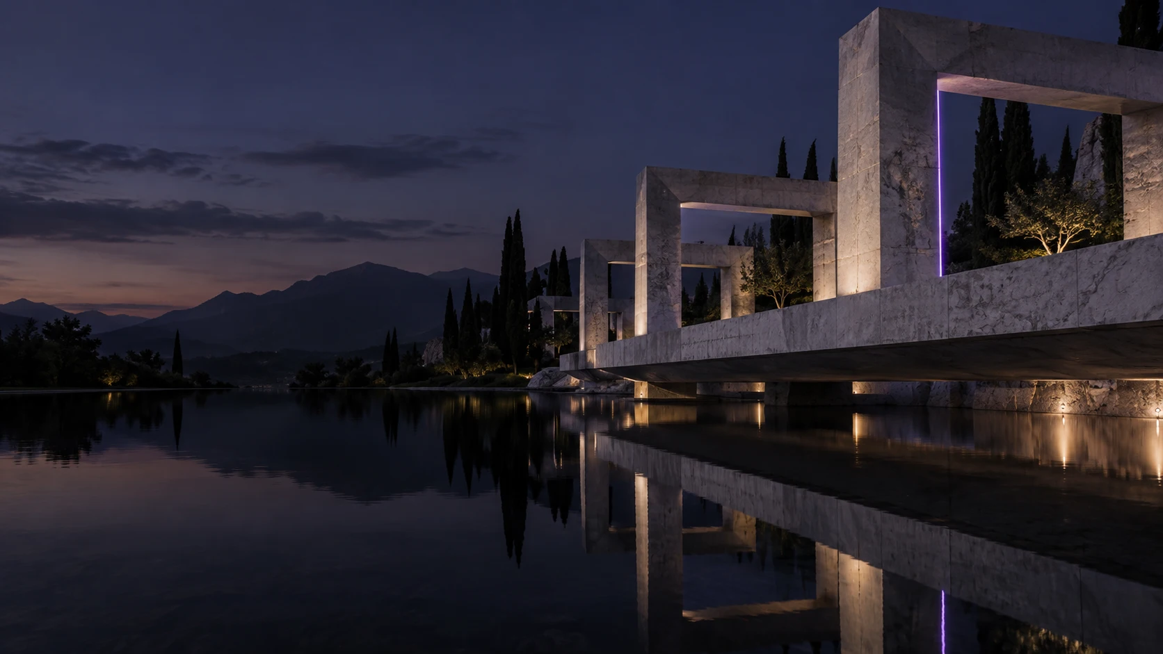 Monolithic stone gateways reflected in dark water at dusk